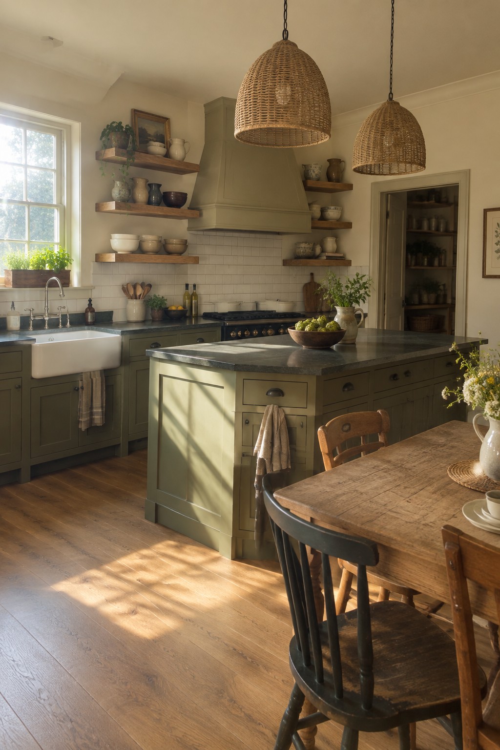 Sage green kitchen cabinets and island paired with white tile and warm wood flooring.