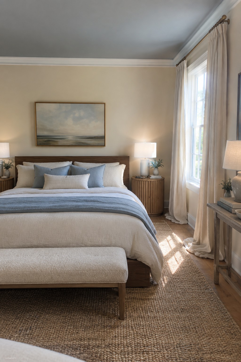 A bedroom with warm beige walls and white trim.