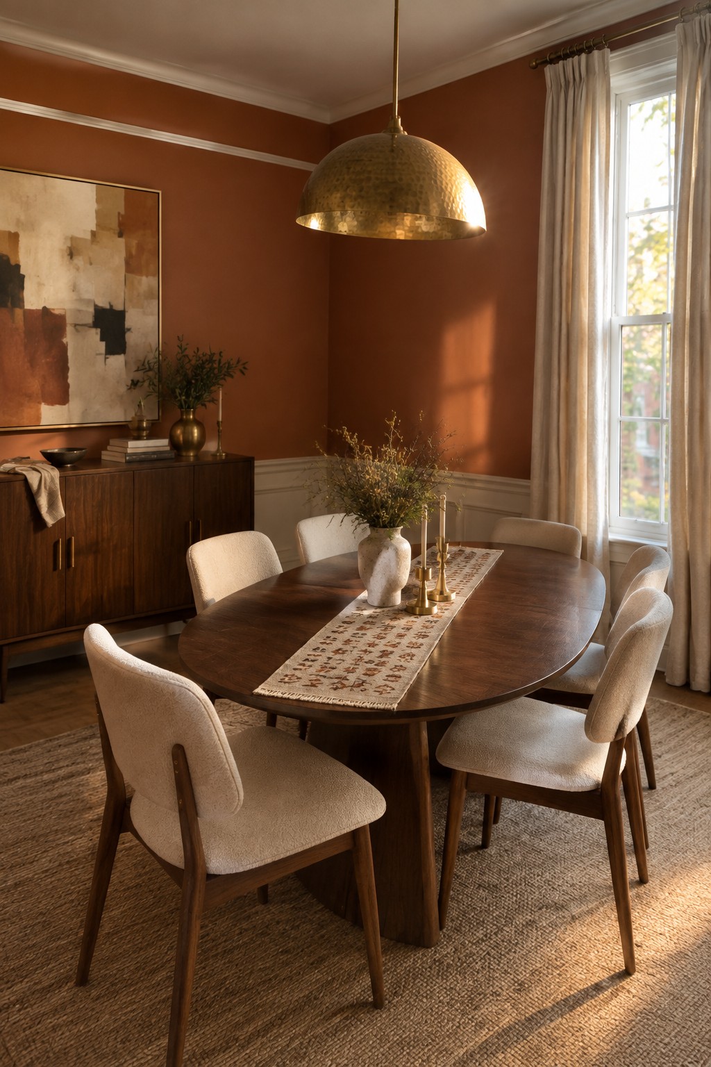 Dining room with warm terracotta walls above white wainscoting and dark wood furniture.