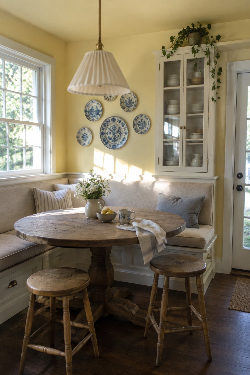 A breakfast nook with soft yellow walls and contrasting white built-in cabinetry.