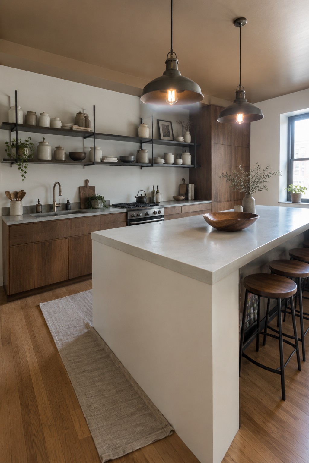 Warm white walls paired with walnut cabinets in a kitchen with a concrete island.