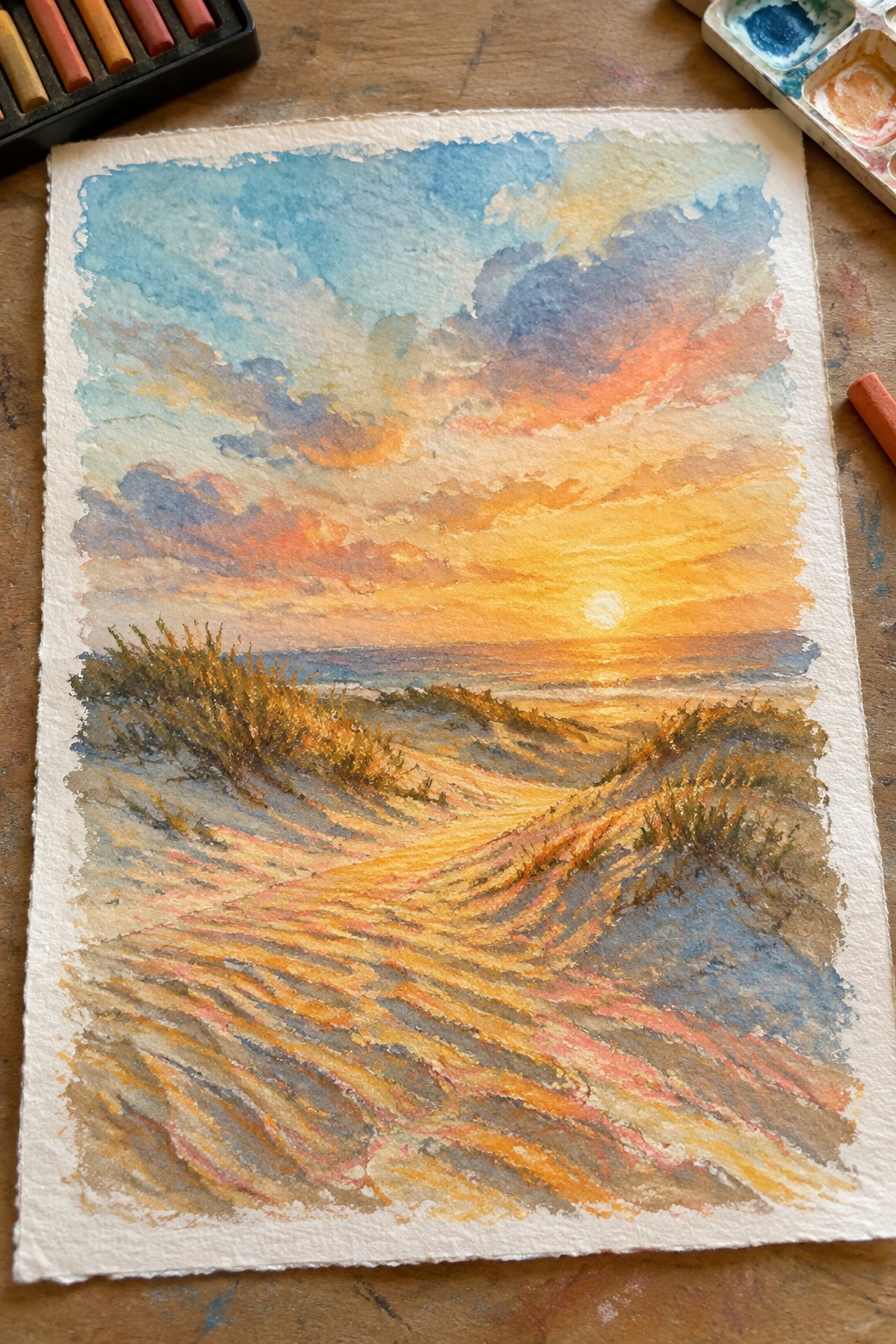 Watercolor sunset over dunes with ocean, colorful sky, pastels and palette nearby