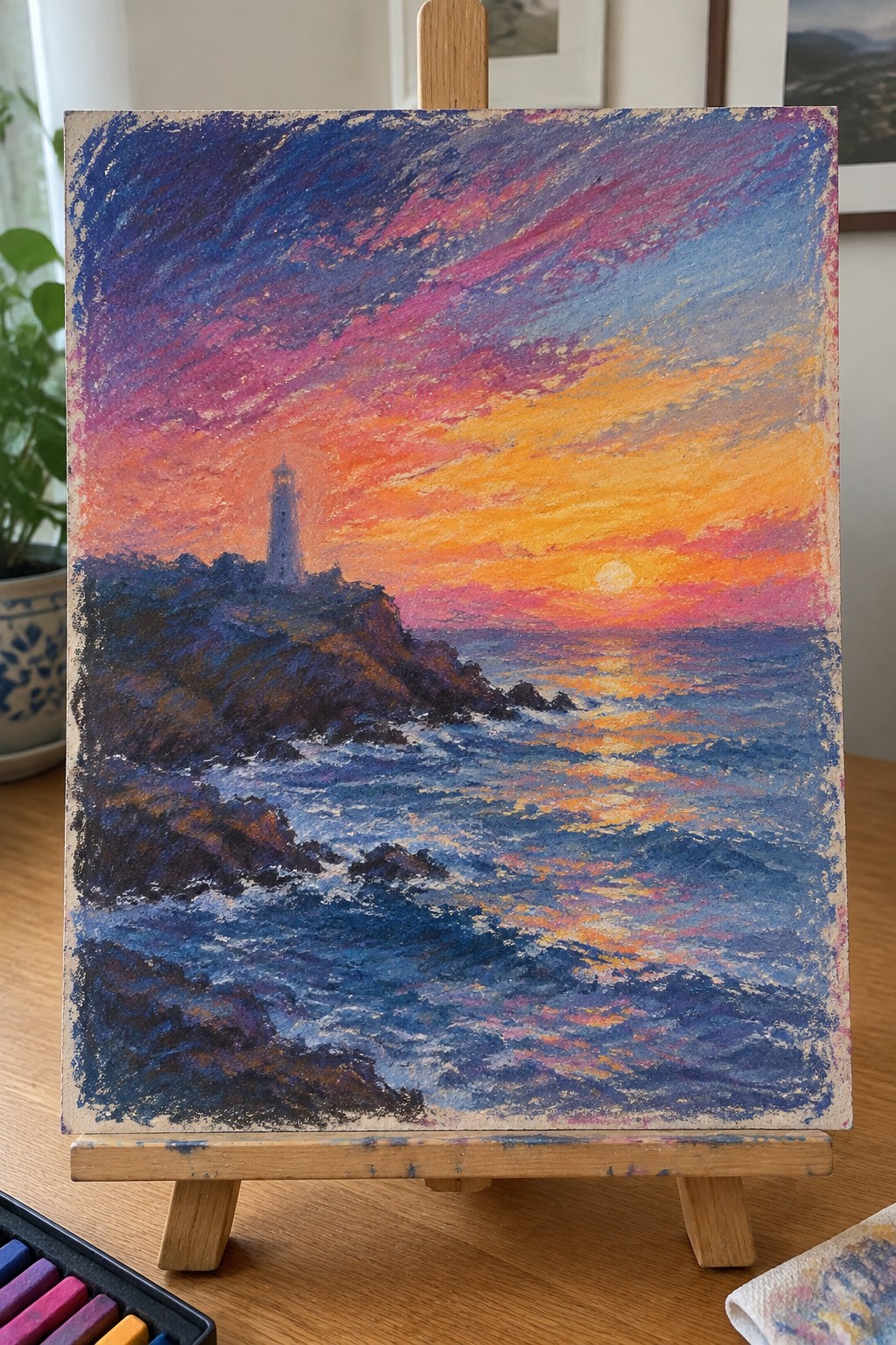 Vibrant pastel sunset painting of lighthouse on rocky cliff by crashing waves on easel.