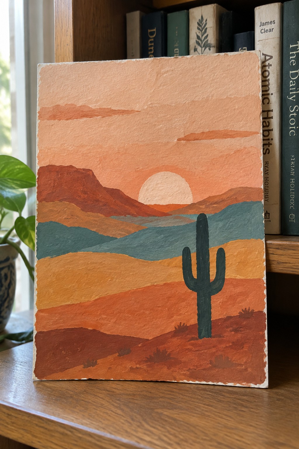 Textured painting of desert mountains, setting sun, and cactus against books on shelf.