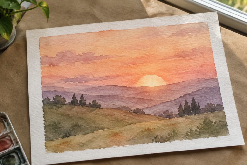 Watercolor sunset over layered hills with orange sun, purple skies, and green trees