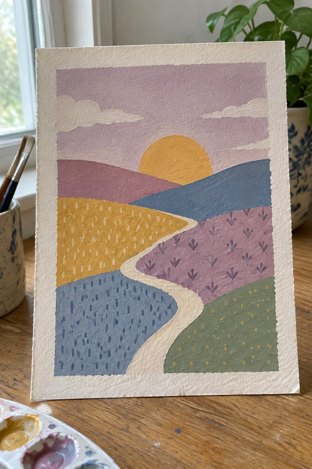 Stylized sunset landscape painting with colorful hills, winding path, and patterned fields.