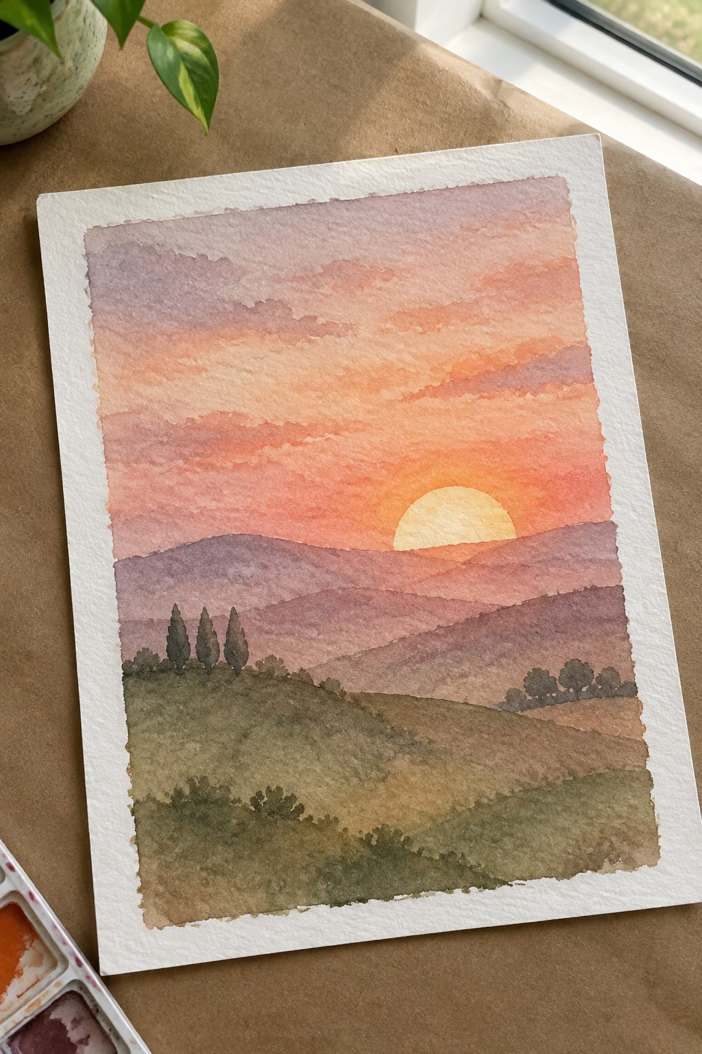 Watercolor sunset over layered hills with orange sun, purple skies, and green trees
