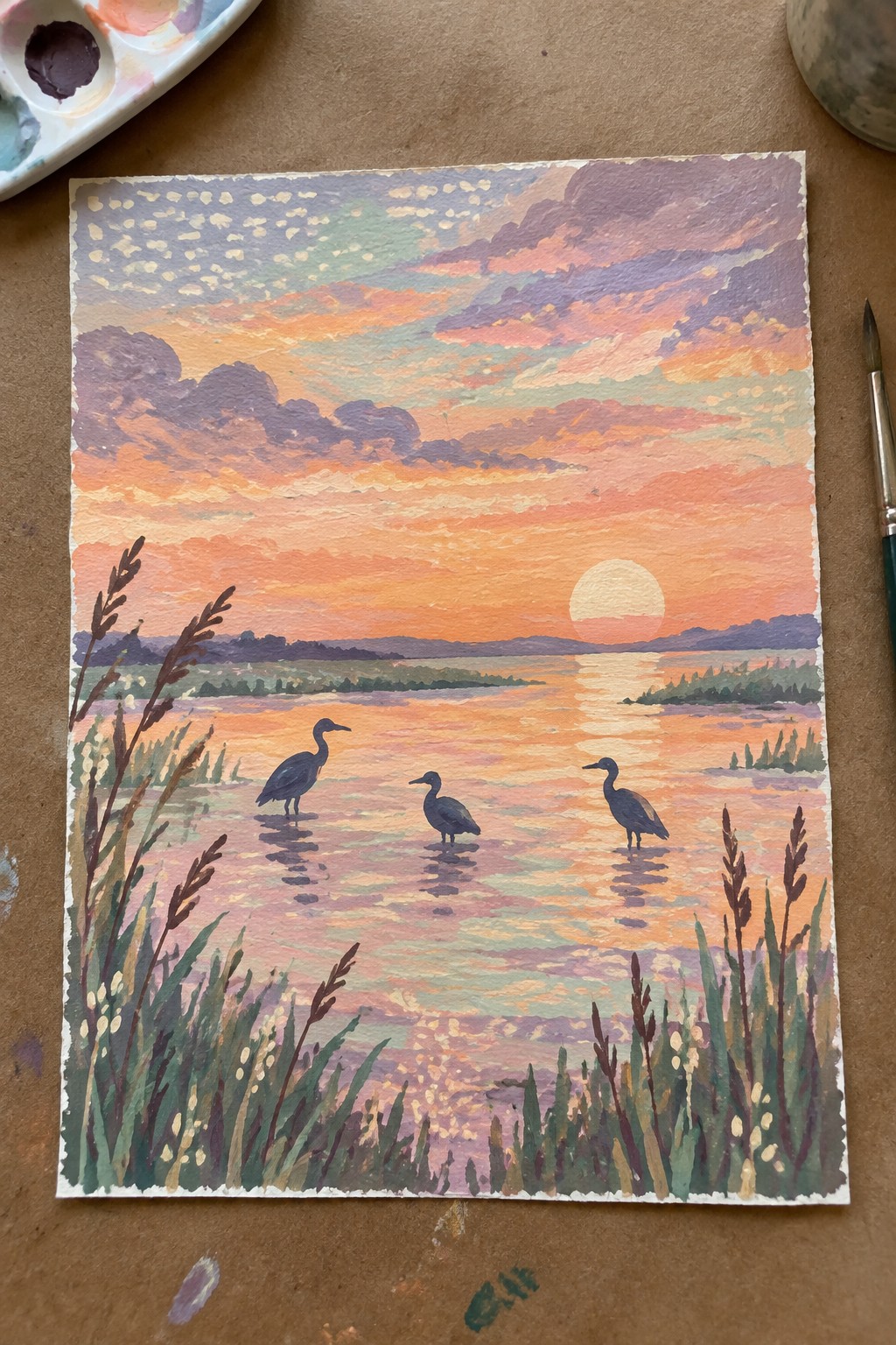 Watercolor painting of a sunset over water with three dark birds standing in the shallows and tall reeds in the foreground.