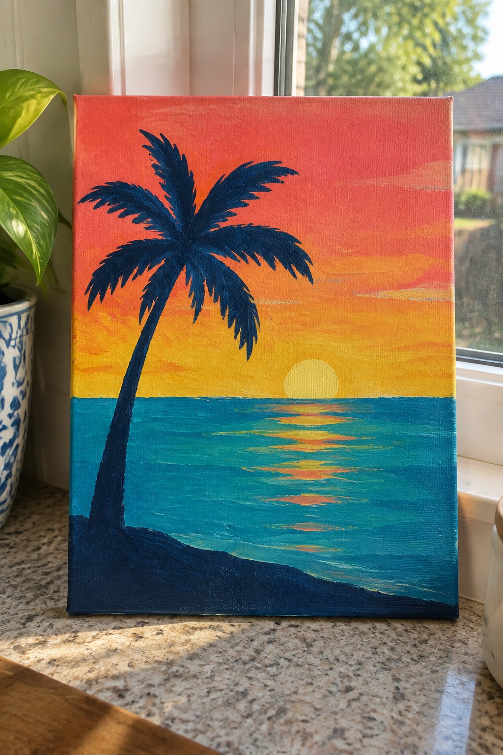 Vibrant acrylic painting of palm tree silhouette at sunset over blue ocean