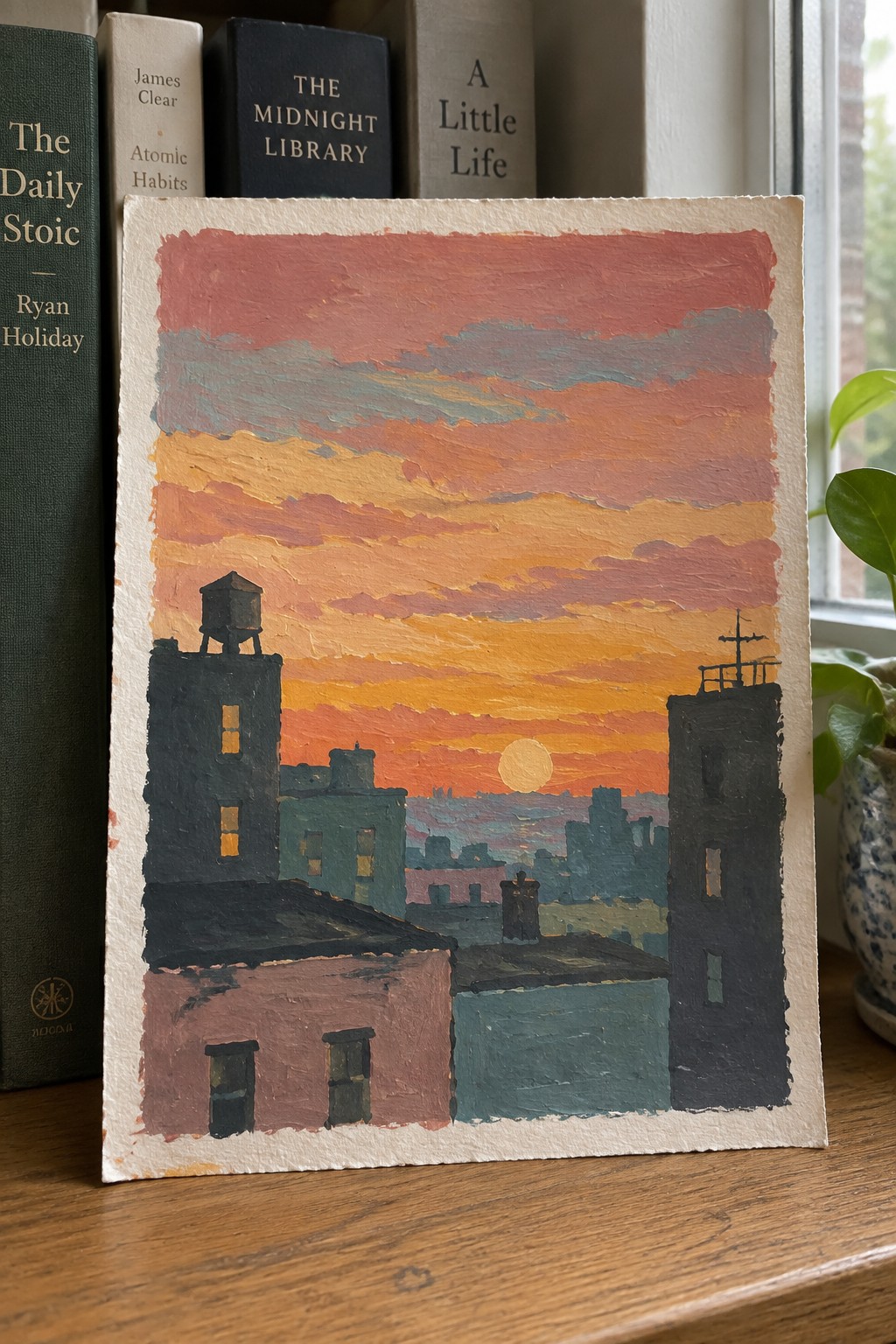 A painting of a sunset over city rooftops with dark building silhouettes and a bright sun on the horizon, placed on a wooden surface next to books.