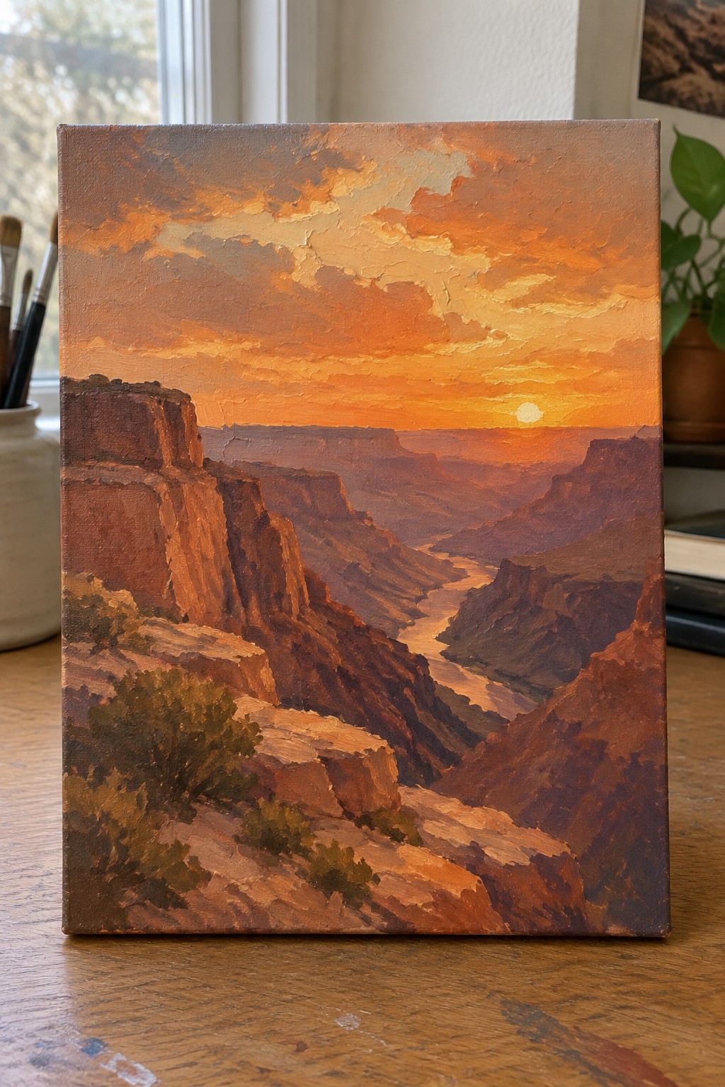 Vibrant impasto oil painting of Grand Canyon at fiery sunset with winding river