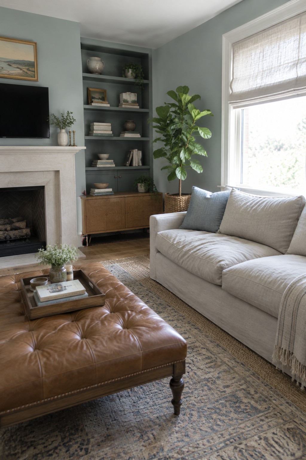 Living room walls and built-in shelves painted in a soft blue gray.