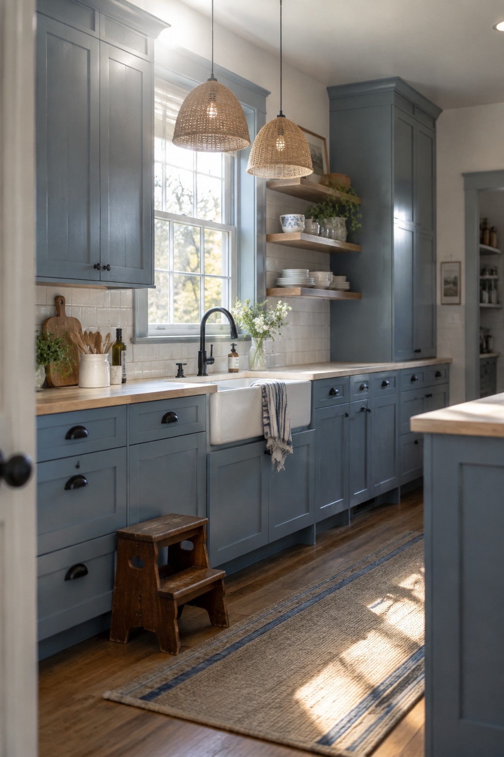 Blue gray kitchen cabinets paired with wood counters and a white tile backsplash.