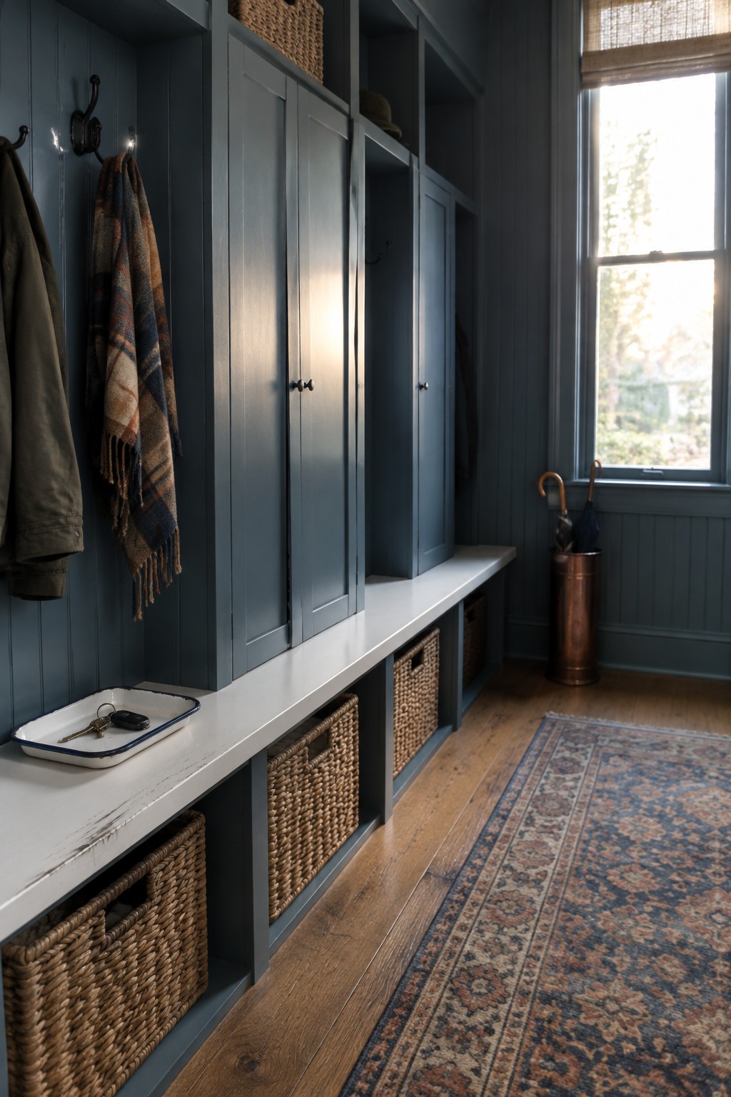 Deep blue-gray built-in cabinets and bench in a functional entryway.