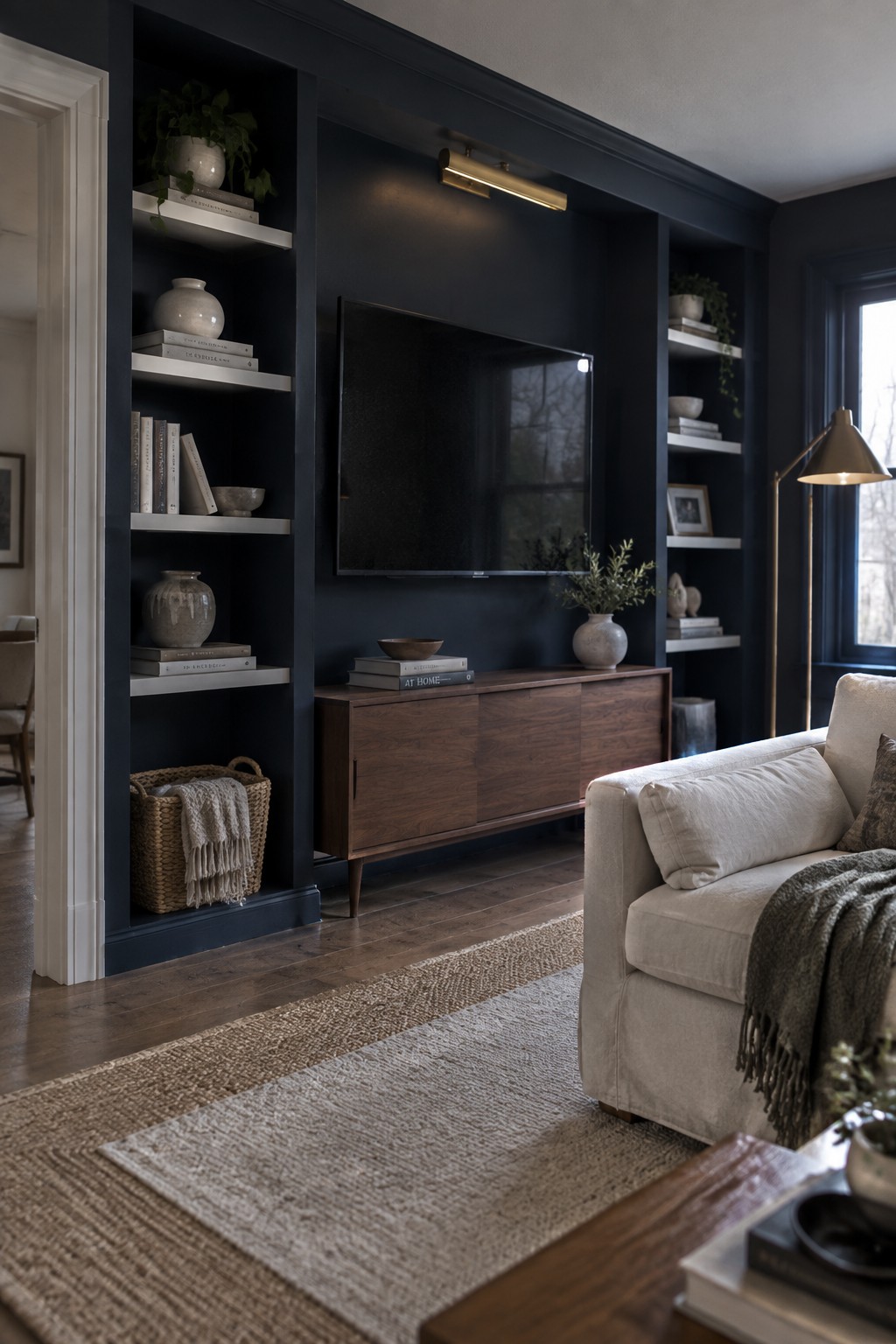 Dark navy built-in shelves with TV, books, vases, wooden console, and beige sofa