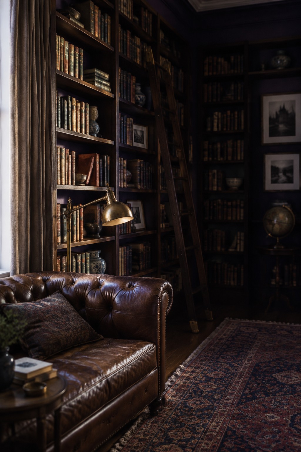 Dark navy blue walls and built-in bookshelves in a traditional library with a brown leather sofa.