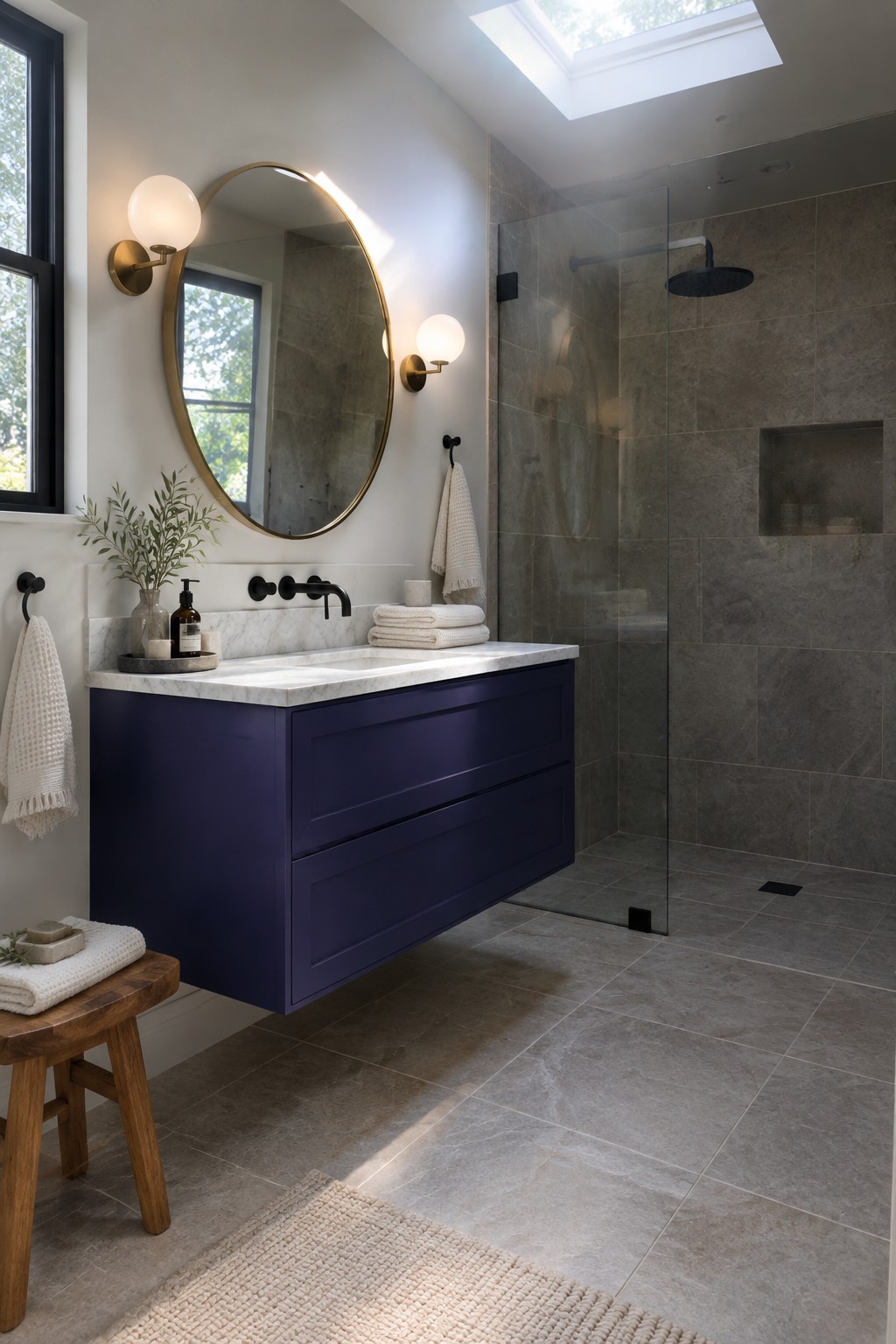Modern bathroom with navy floating vanity, marble top, round mirror, and tiled shower.