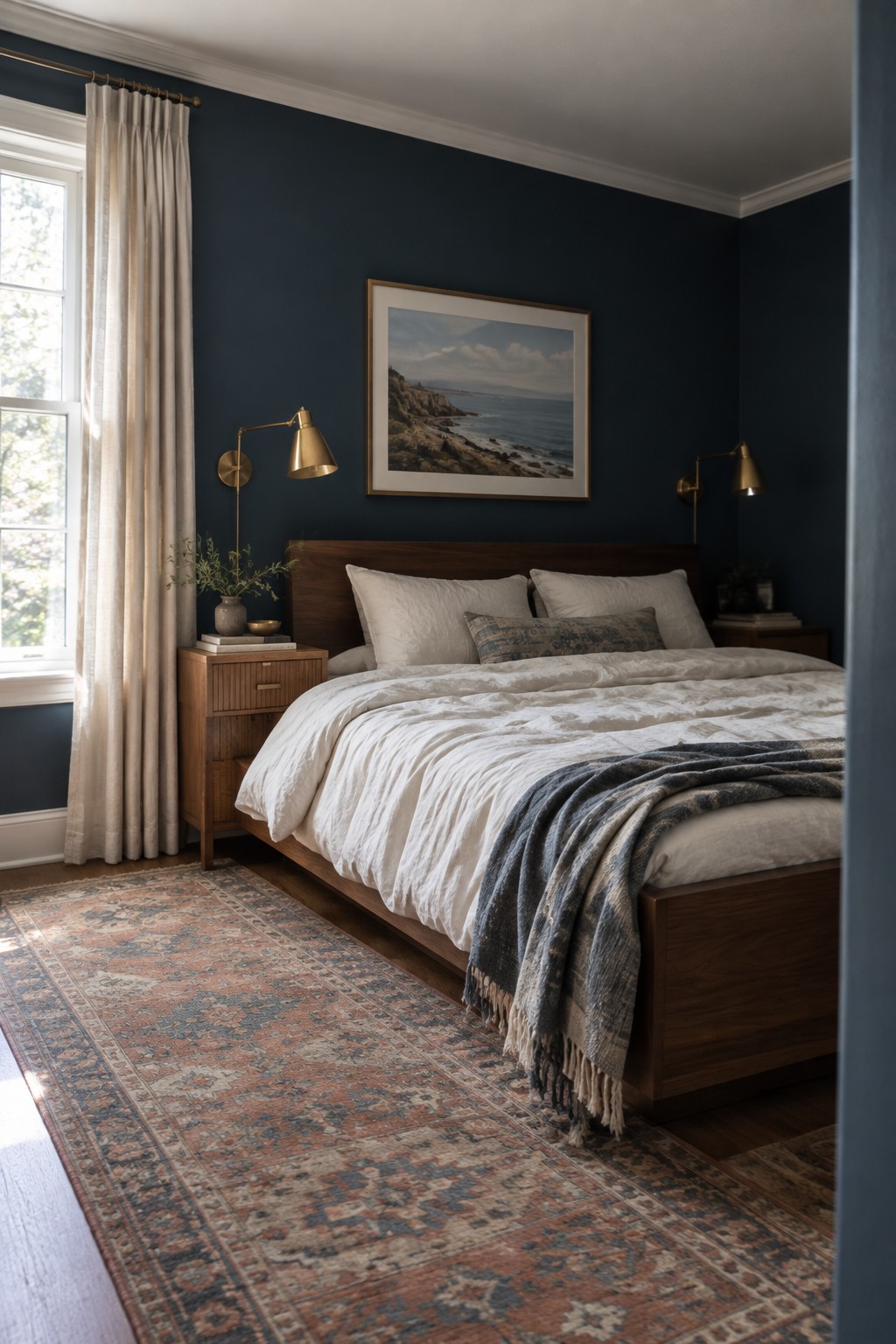 A bedroom featuring deep navy blue walls paired with dark wood furniture and white bedding.
