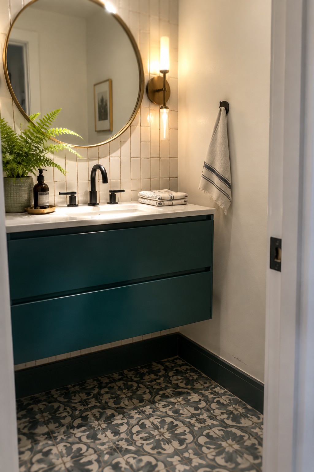 A floating vanity painted deep teal with a white marble top in a tiled bathroom.