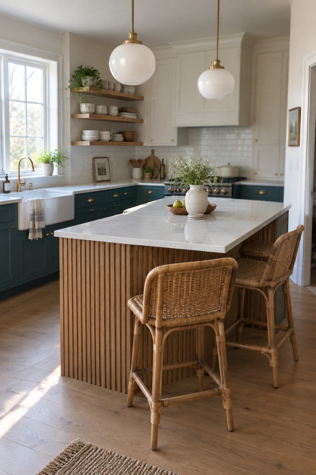 Kitchen with deep teal lower cabinets and white marble island top.