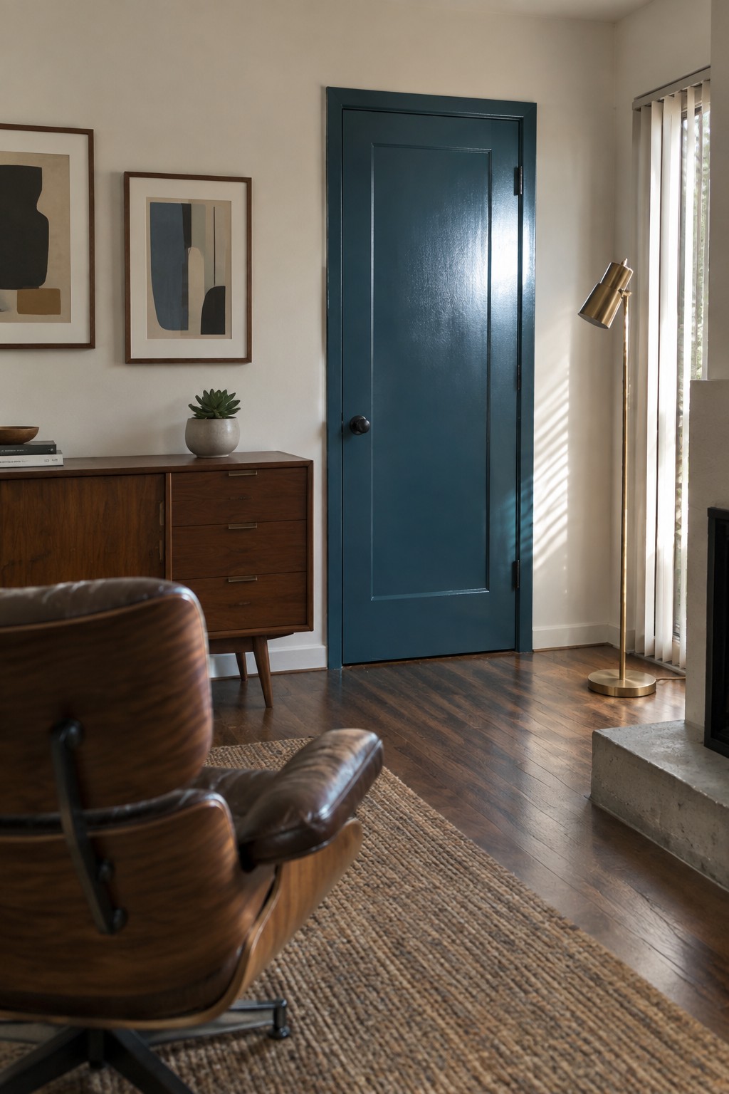 A deep teal door stands out in a room with warm wood furniture and flooring.