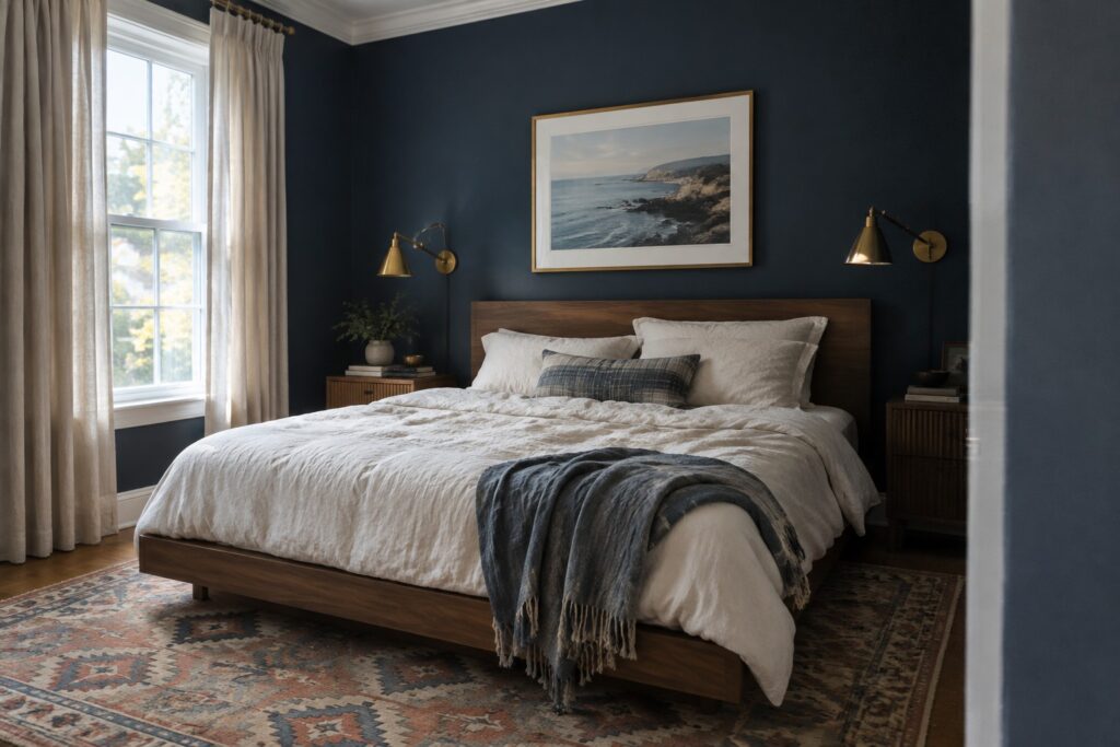 21 Versatile Blue Paint Color Palettes Using Light and Dark Room Contrast A bedroom featuring deep navy blue walls paired with dark wood furniture and white bedding.