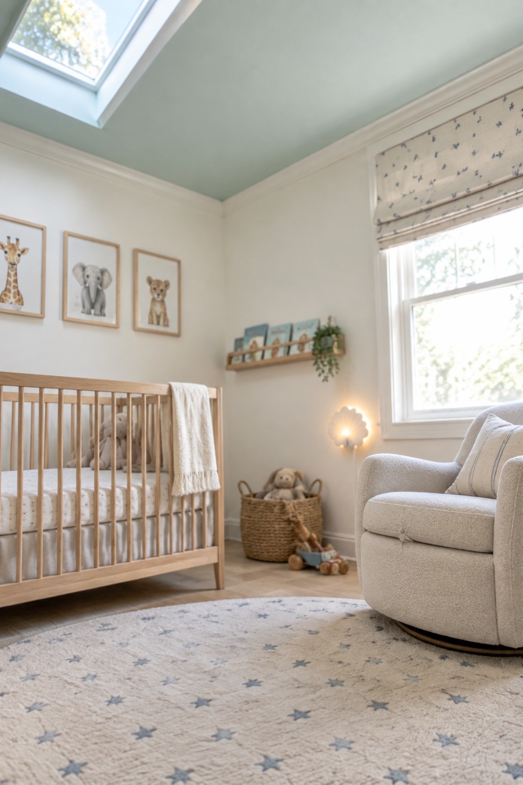 Pastel nursery with wooden crib, animal art prints, swivel chair, and star rug.