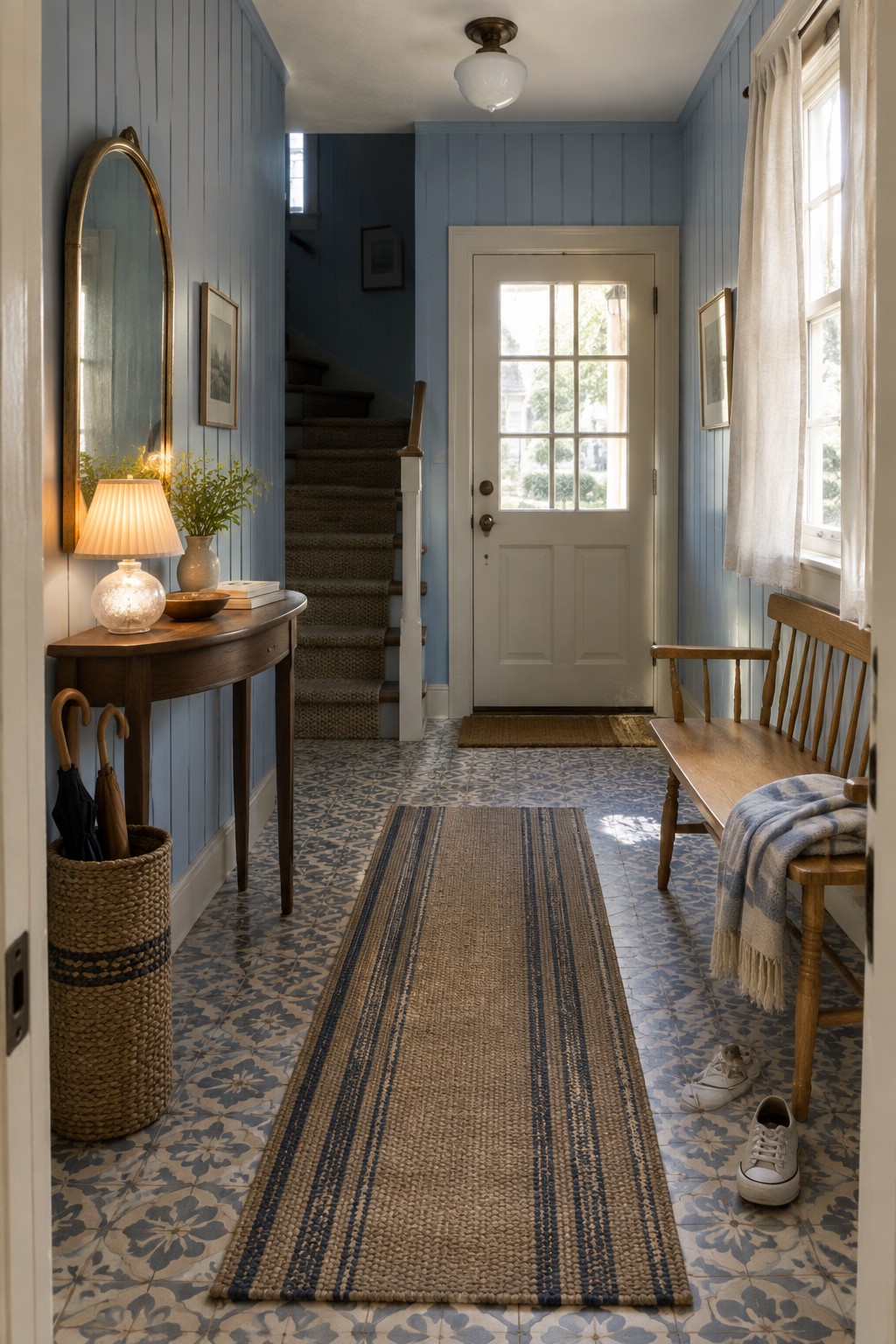 A narrow entry hallway with light blue vertical paneling on the walls and warm wood furniture.