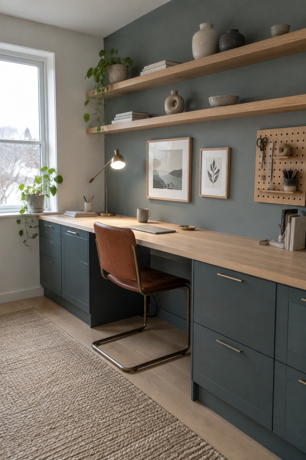 Modern home office with long wooden desk, brown leather chair, green cabinets, and floating shelves.