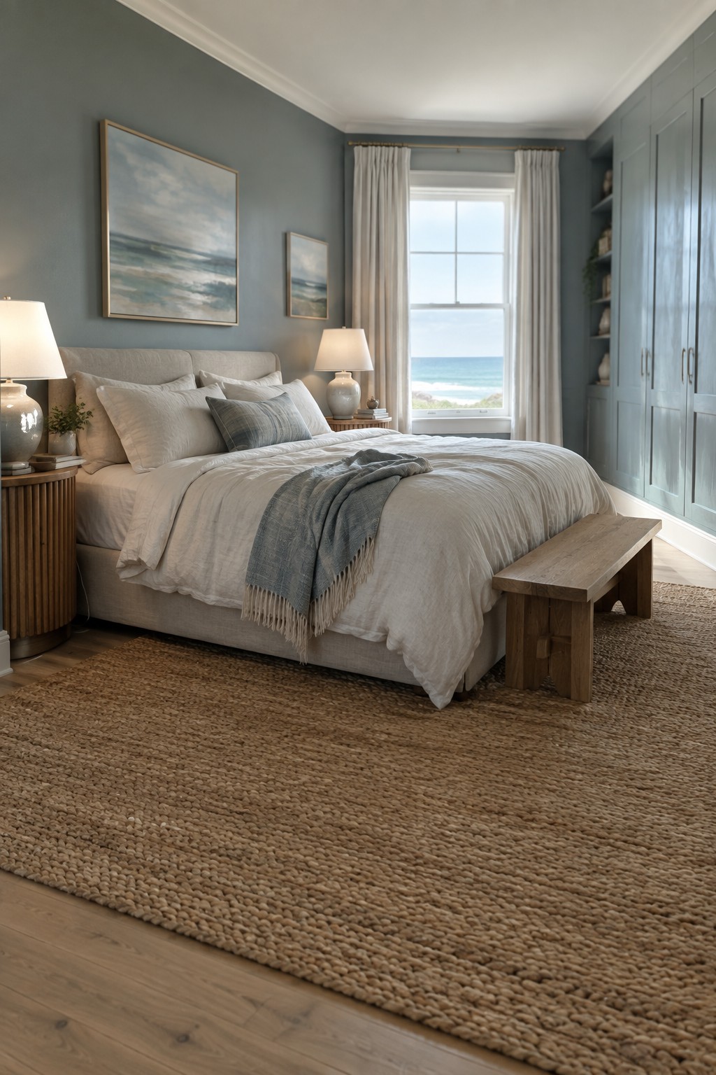 A bedroom with soft blue gray walls and a large bed on a woven rug.