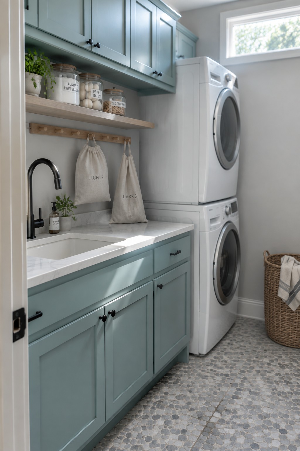 A laundry room featuring soft teal cabinets paired with white marble and open wood shelving.