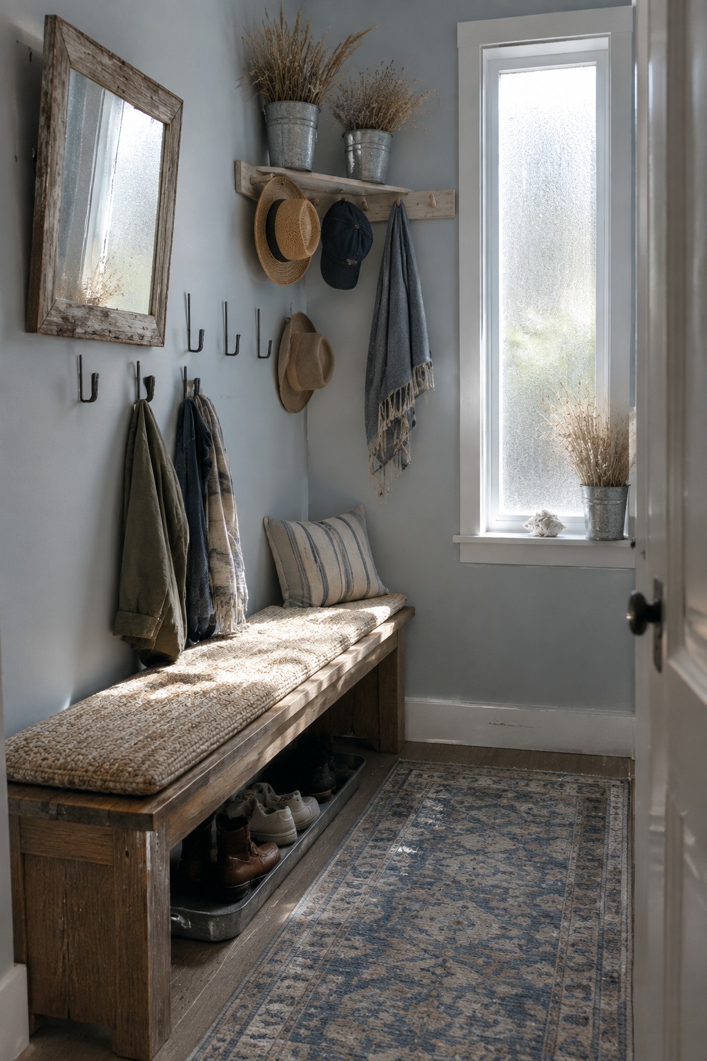 Light blue gray walls in a small entryway with a wooden bench and hooks.