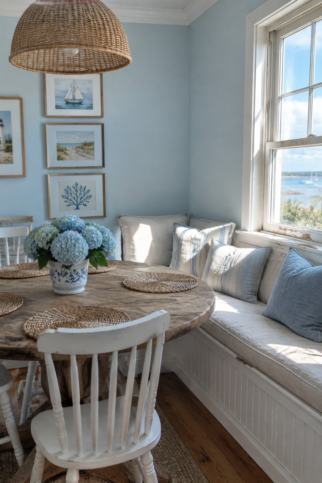 Coastal dining nook with round wooden table, white chairs, and window seat by water.