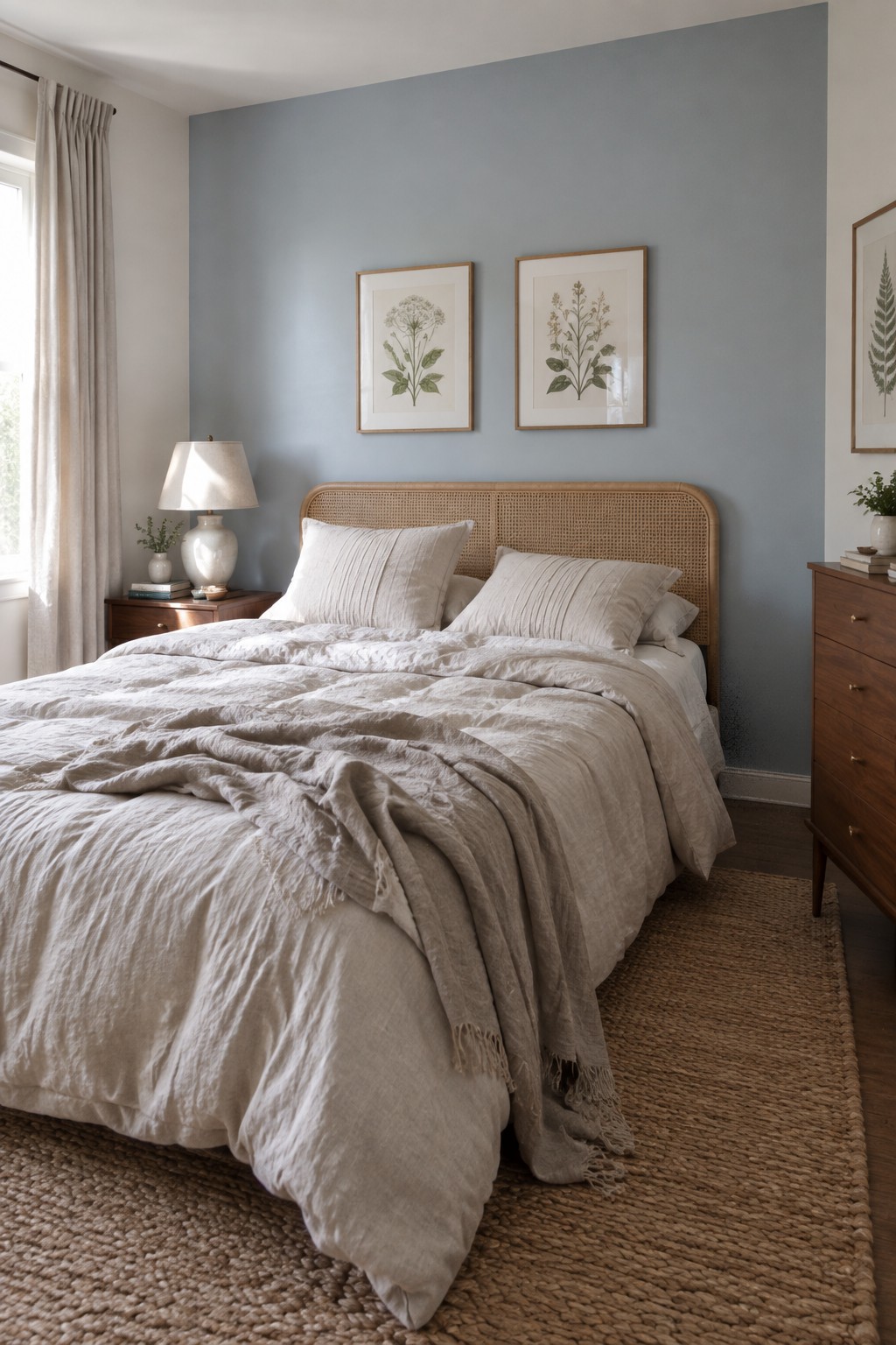 A bedroom with soft blue gray walls paired with warm wood furniture and neutral bedding.