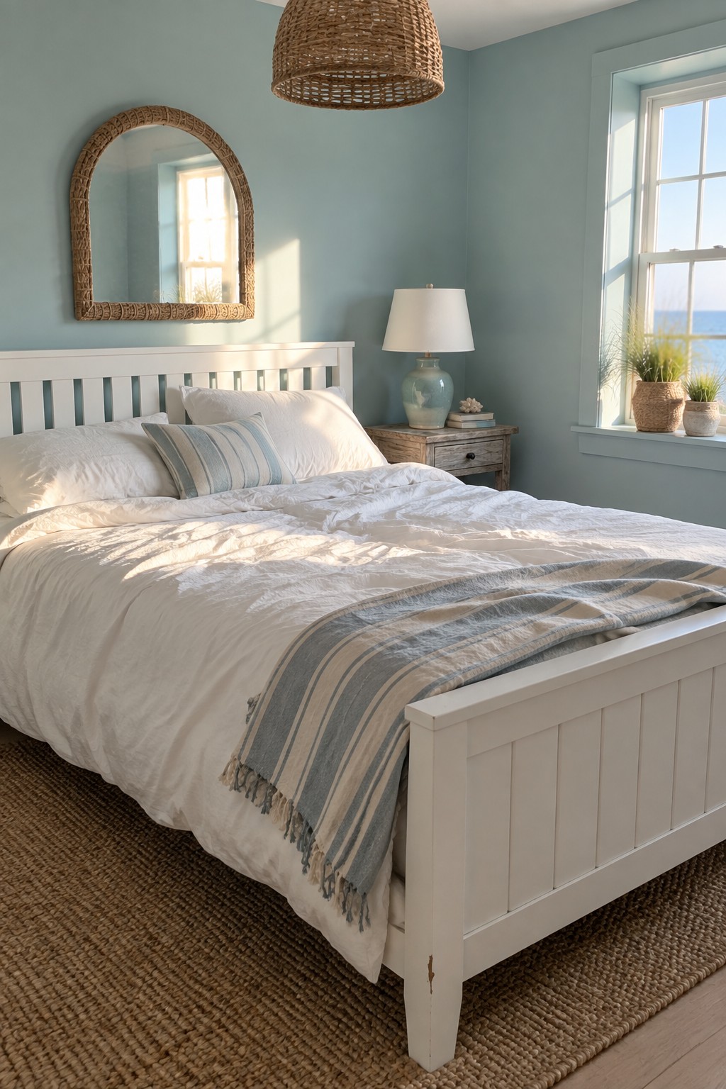 Coastal bedroom with white bed, blue walls, woven rug, and ocean-view window