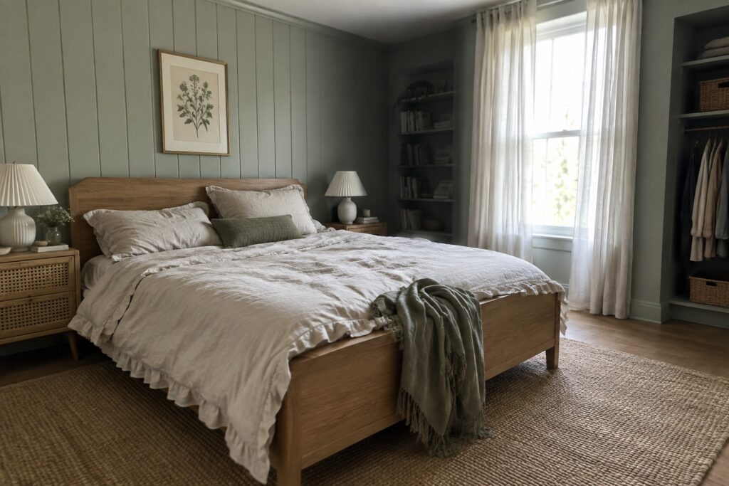 A bedroom featuring soft sage green walls paired with oak furniture.