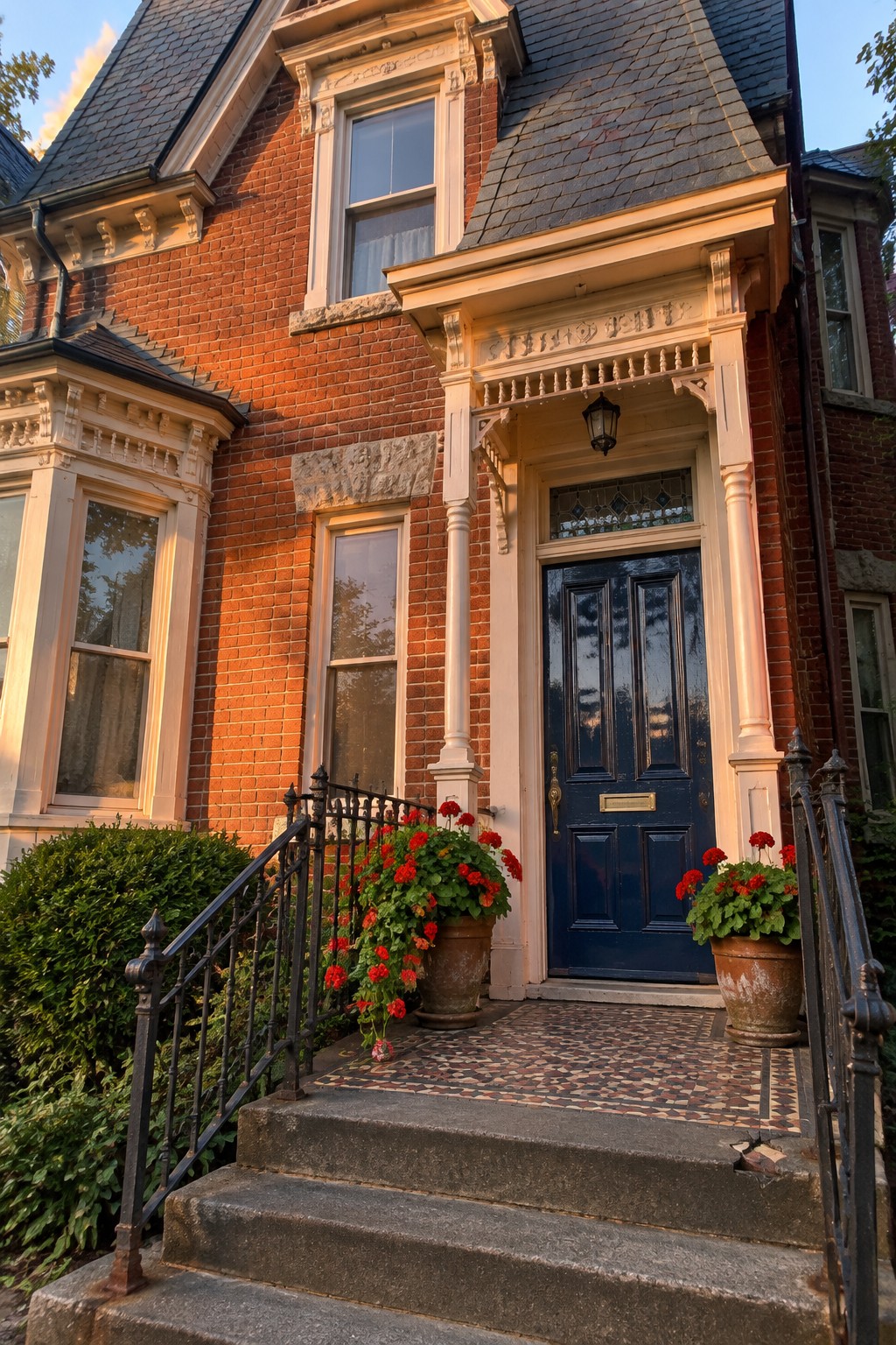 A deep navy blue front door on a red brick house with white trim and potted red flowers on the steps.