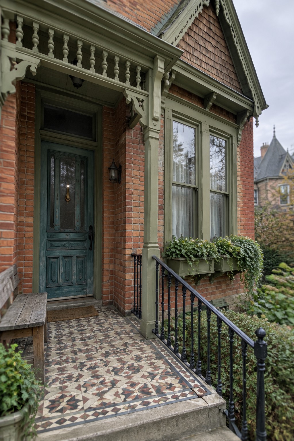 Victorian brick house entrance with teal door, mosaic tile porch, and green flower boxes.