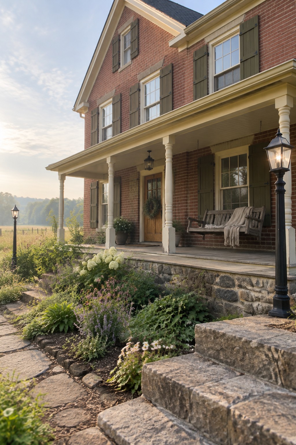 A red brick house with warm cream trim and porch columns.