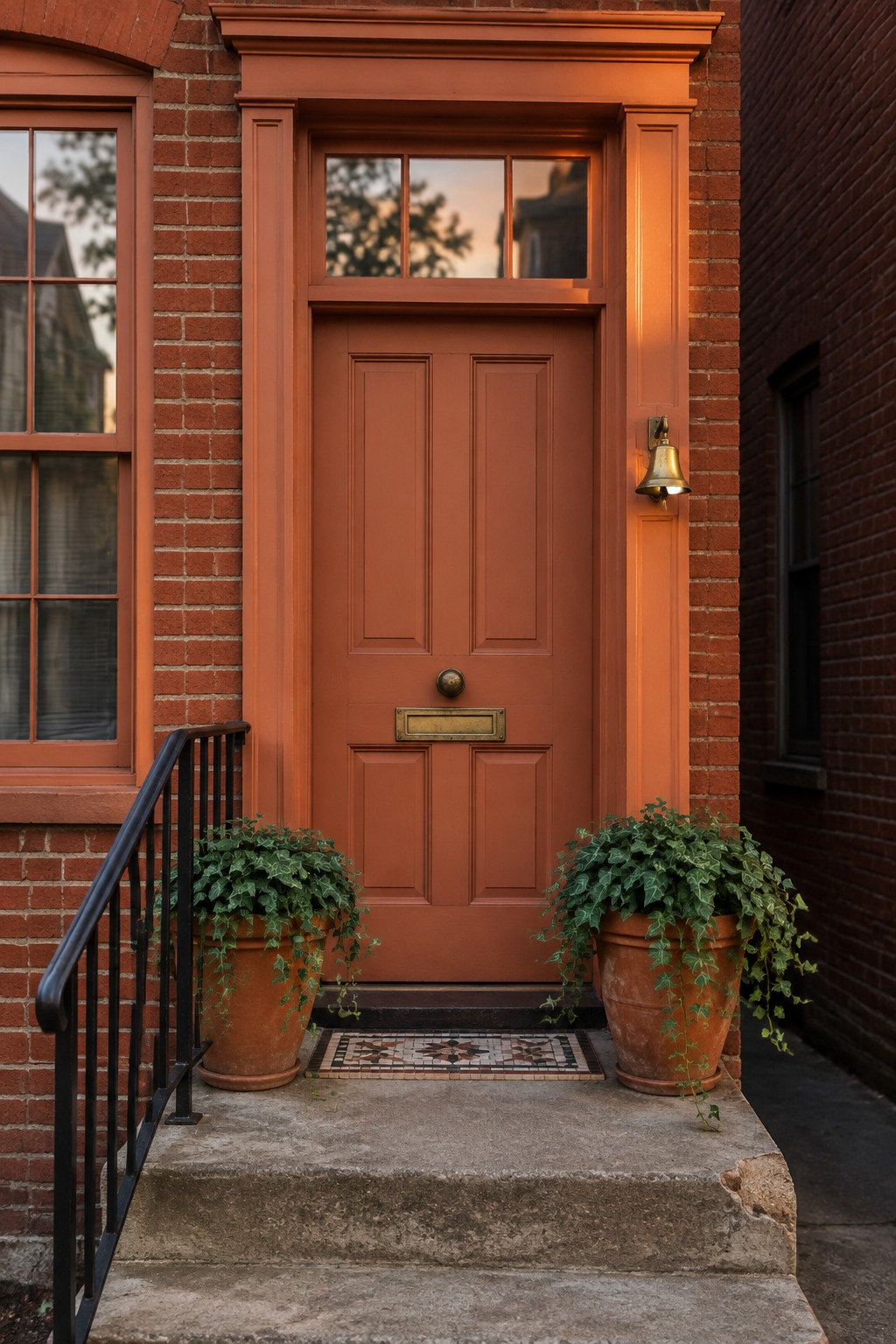 A terracotta red front door with matching trim set into a red brick exterior.