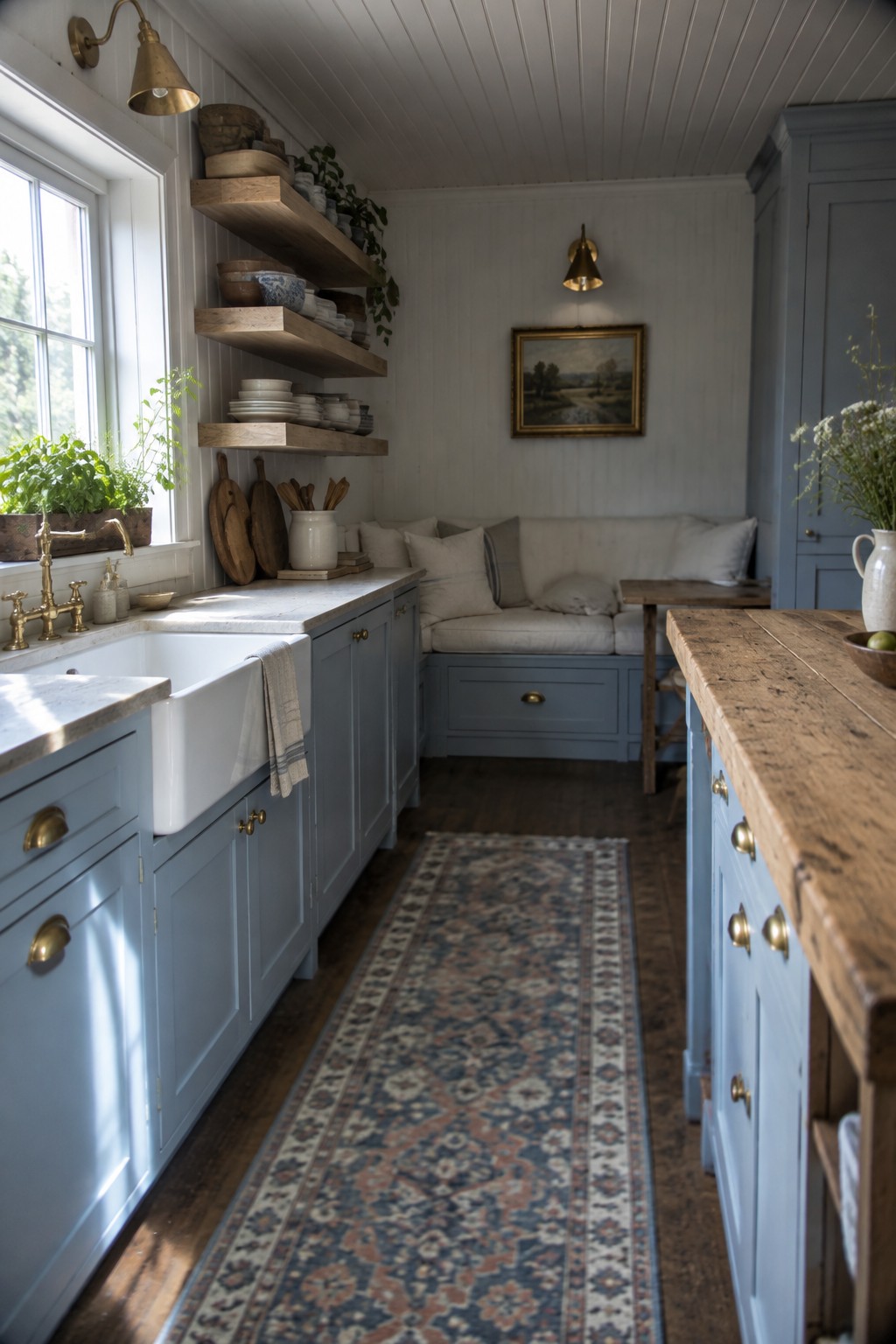 Muted blue-gray cabinets fill a narrow French country kitchen with wood counters and open shelves.