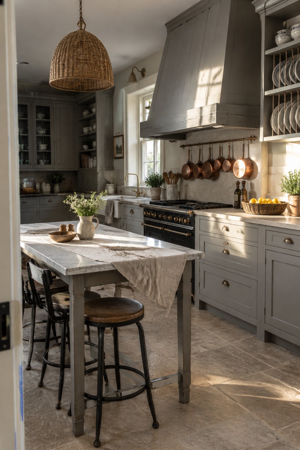 Soft gray cabinets and range hood in a French country kitchen with marble island.