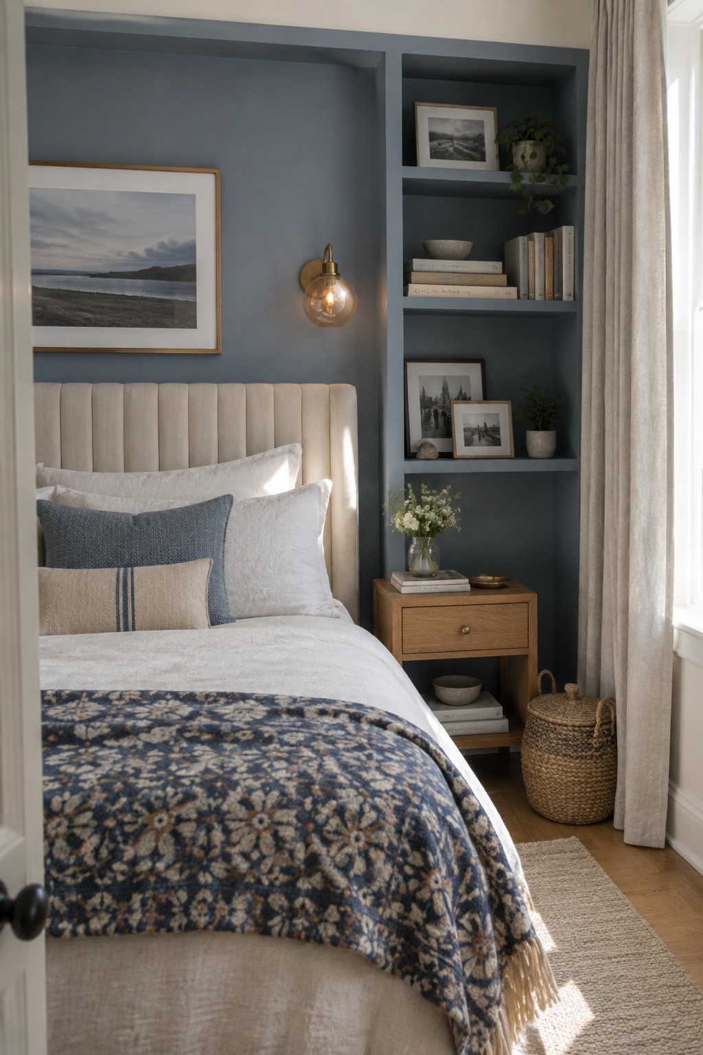Cozy bedroom with beige headboard, blue built-in shelves, and patterned throw blanket.