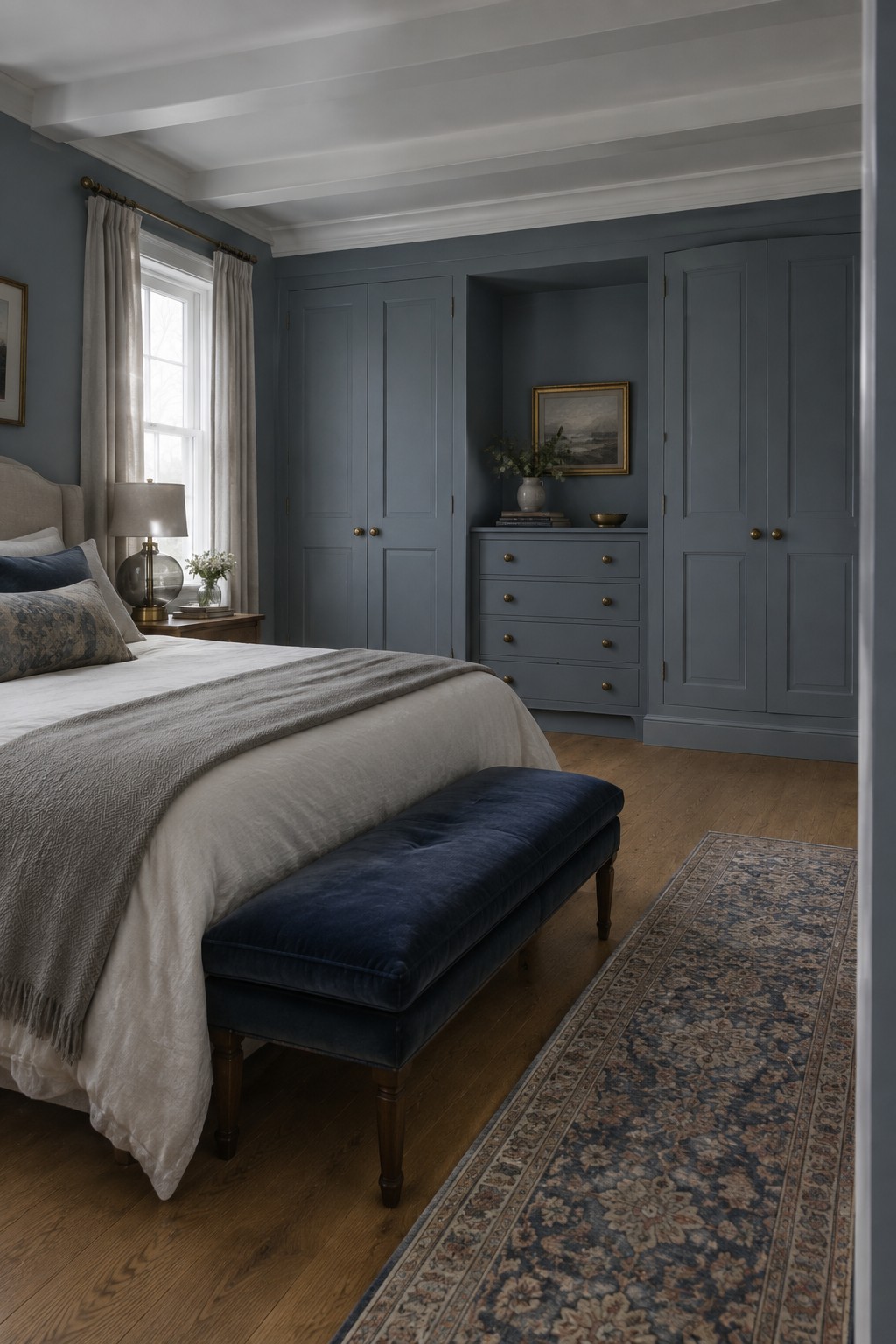Blue-gray paint covers the bedroom walls and built-in cabinetry together.