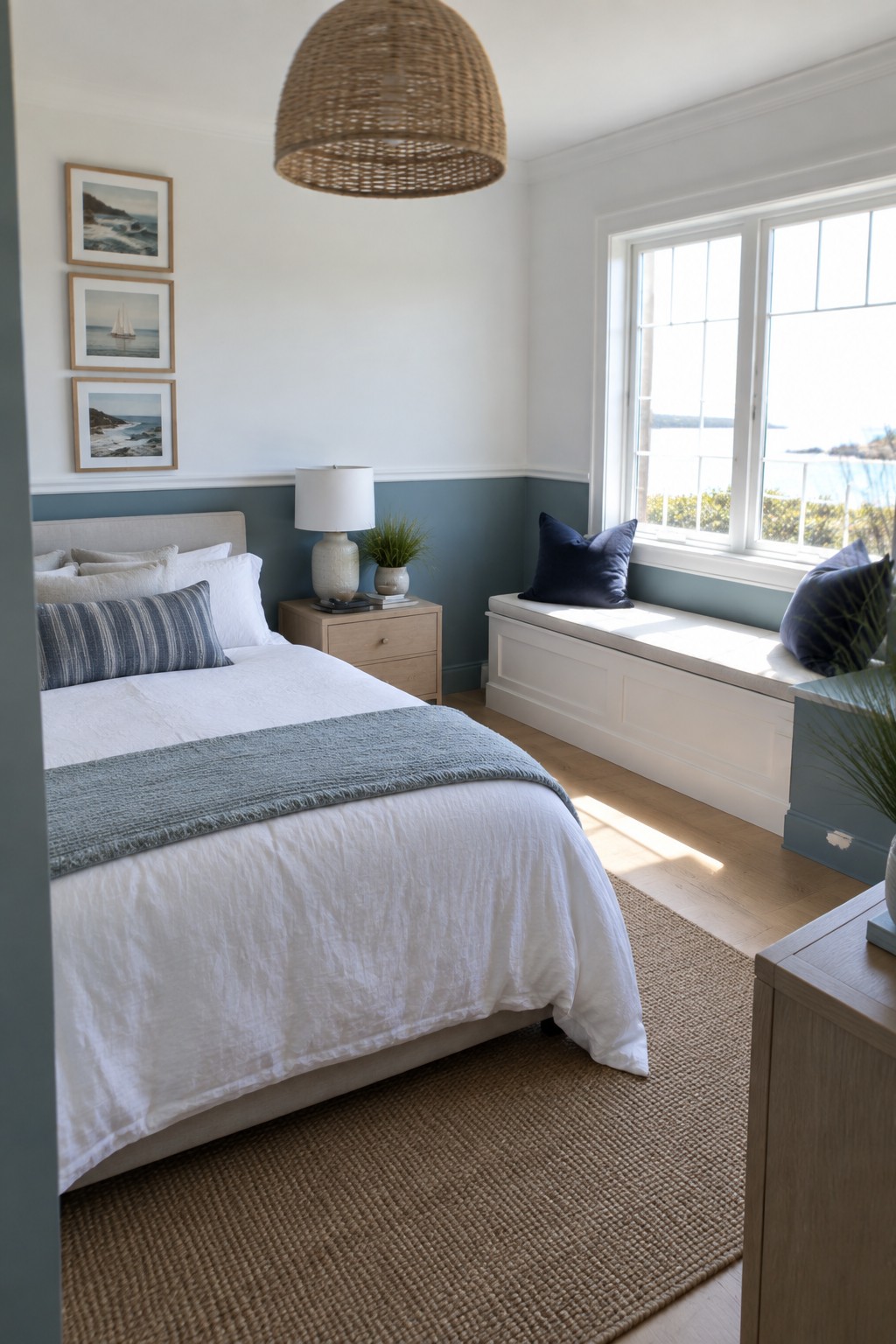 Bedroom walls painted soft blue gray below a white chair rail with white upper walls and trim.