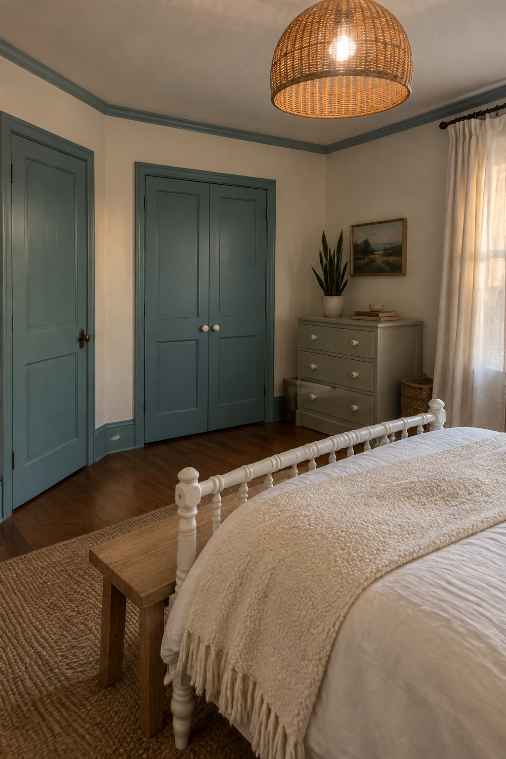 Cozy bedroom with white bed, wooden bench, teal doors, and woven pendant light.