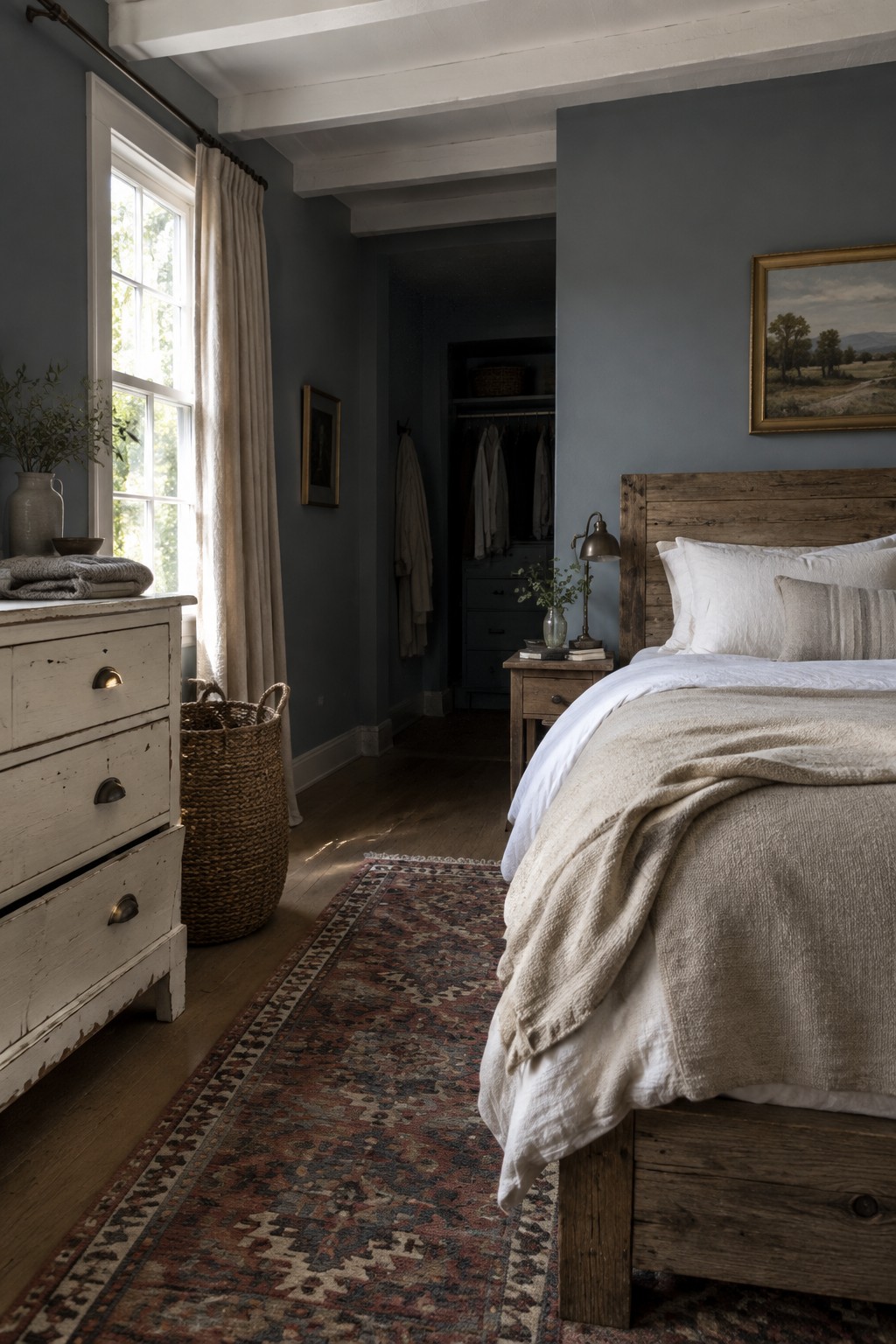 Rustic bedroom with wooden bed, white linens, blue walls, antique dresser, and rug.