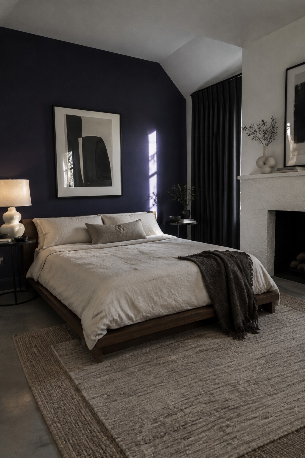 A deep navy blue wall behind a wooden bed with white bedding in a bedroom.