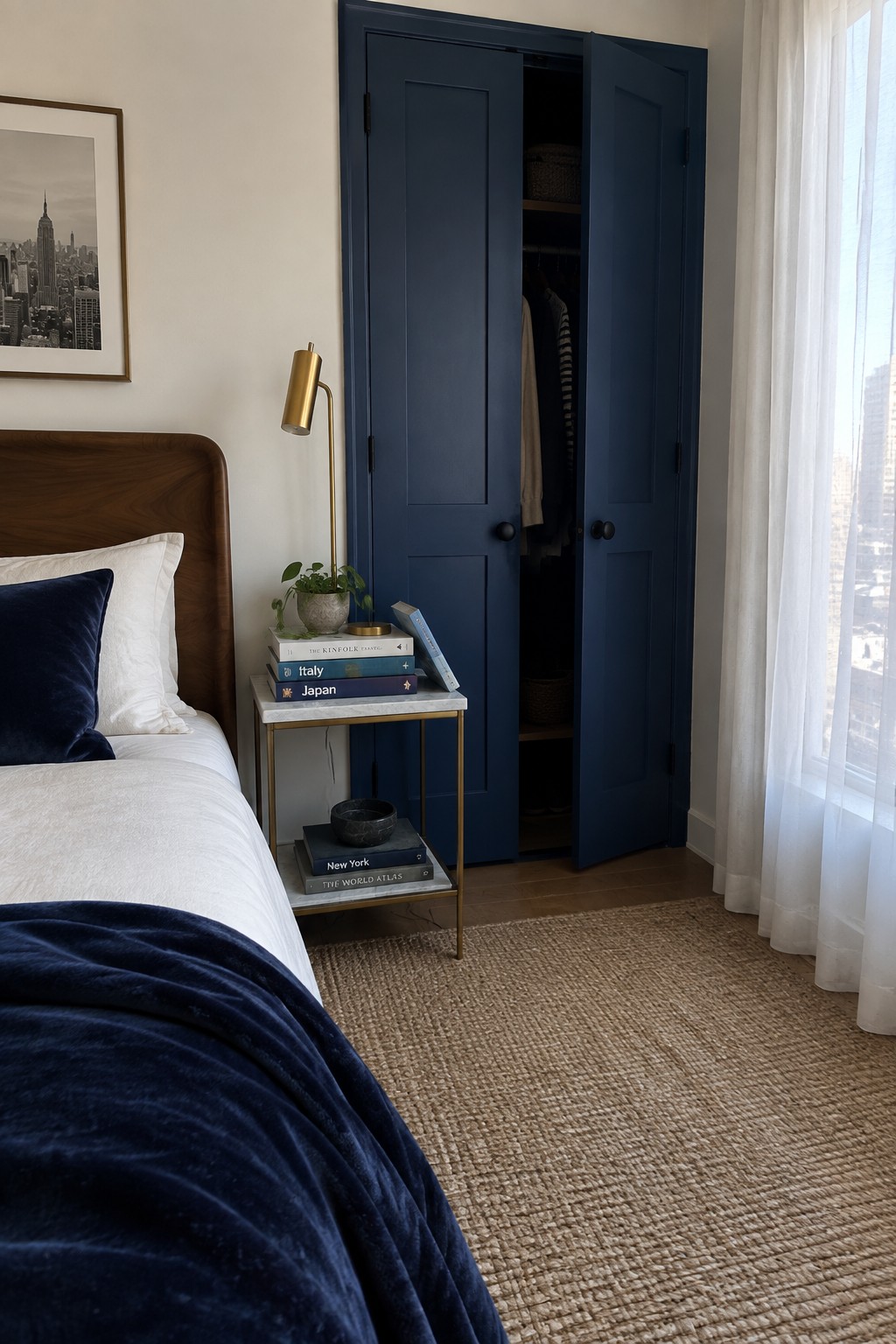 Deep navy blue paint on tall built-in closet doors in a bedroom with white walls and wood furniture.