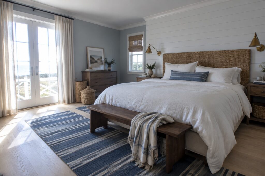 22 Classic Blue and White Bedroom Color Combinations for Coordinated Walls A bedroom with soft blue walls next to a white shiplap accent wall.